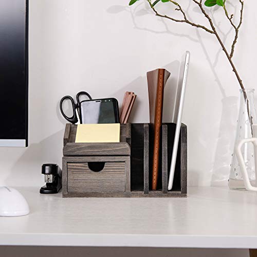 Liry Products Gray Rustic Wood Desk Organizer Storage Cabinet Mail File Paper Sticky Note Memo Pad Folder Office Supplies Caddy Tabletop Holder Accessory Sorter Multiple Compartments with Drawer Home - Image 7