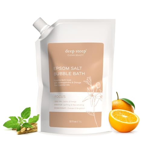 Deep Steep Epsom Salt Bubble Bath, Focus, 32 oz – Spa Soak with Epsom Salt, Ashwagandha, Orange Peel & Essential Oils – Vegan, Clean Beauty, Muscle Relief & Mental Clarity