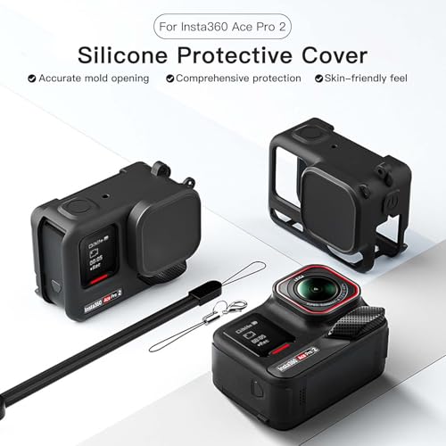 for Insta360 Ace Pro 2 Silicone Protective Case, Insta360 Ace Pro 2 case Cover with Silicone Lens Cap,with Anti-Lost Lanyard and Wrist Strap (Black) by YAJOJO - Used condition - Image 2