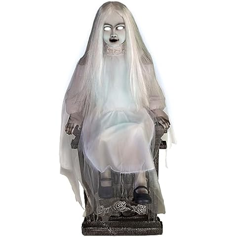 Haunted Hill Farm Motion-Activated Sitting Tombstone Girl by Tekky, Talking Halloween Animatronic for Indoor or Covered Outdoor Creepy Halloween Decorations, Plug-In or Battery Operated Halloween Prop Cover
