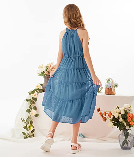 GRACE KARIN Girls Halter Neck Dress Sleeveless Casual A-line Flowy Summer Maxi Dress for 7 Years Grey Blue — view 2