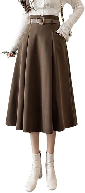 IDEALSANXUN Wool Midi Skirts للسيدات عالية الخصر خط مطوي مربى التنانير الشتوية