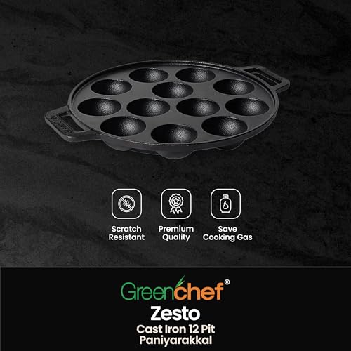 Image of GREENCHEF Pre-Seasoned Cast Iron Zesto Paniyarkkal 12 Pits 20 cm with Nonstick Coating