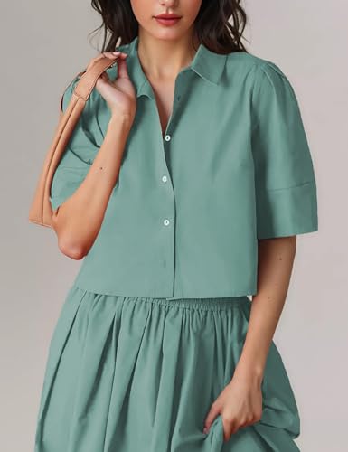 Image of Womens Summer 2 Piece Outfits Skirt Sets Button Short Sleeve Tops Elastic Waist Maxi Dress Sets with Pockets