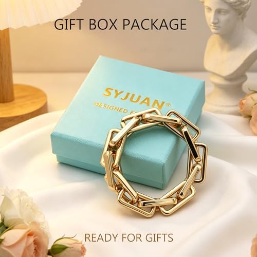 14K Gold Plated Chunky Rectangle Paperclip Link Stretch Bracelets for Women - 2
