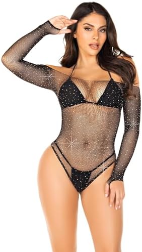 Leg Avenue Women's Rhinestone Long Sleeve Fishnet Bodysuit, Black, One Size