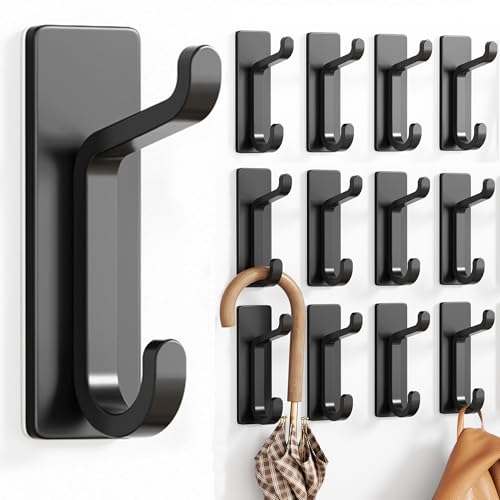 pickpiff 12 Stück Klebehaken Ultra Stark, Hält Bis Zu 6kg, Metall Türhaken Handtuchhaken Nichtrostend, Selbstklebende Haken, Duschhaken Ohne Bohren, Schwarz