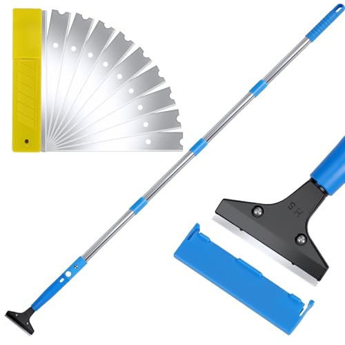 BigKing Grattoir à longue poignée, grattoir pour sol avec tige d'extension à 4 sections, 10 lames remplaçables, résistantes, polyvalentes, pour nettoyage...