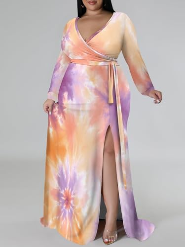 Image of PinkPatty Women's Plus Size Long Sleeve Maxi Dress Casual V Neck Slit Tie Waist Wrap Dresses for Party Cocktail