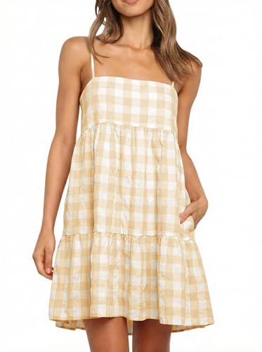 Image of Womens Summer Plaid A-line Sleeveless Casual Flowy Mini Sundress | Spaghetti Strap,Gingham Y2K,Maternity,Vacation,Country Concert,Short Dresses,with Pockets