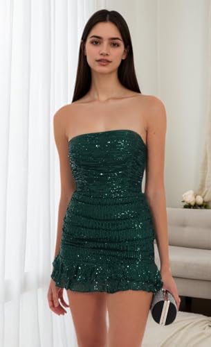 Sparkly Sequin Homecoming Dresses 2025 Strapless Short Tight Ruffle Mini Corset Cocktail Gown2