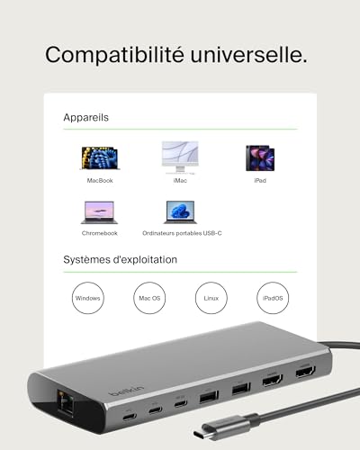 Belkin Connect Station d'accueil USB-C 8-en-1 Dock Core (Affichage Double, Technologie Silicon Motion, Mac, Windows, Chromebook, PD 100 W, Transfert de 10 Gbit/s et Ethernet de 1 Gbit/s, Argent)
