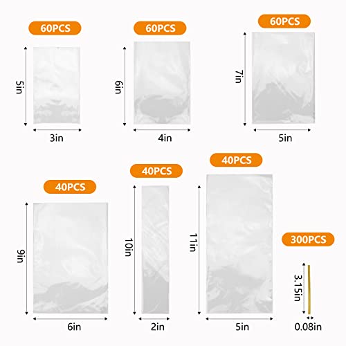 300 PCS Clear Flat Cellophane Treat Bags with 3x5",4x6",5x7",6x9",2x10",5x11",Treat Bags with Ties are Good for Pretzel Rods,Bakery, Cookies, Candies,Dessert. - Thumbnail 2