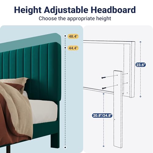 Image of Allewie Twin Bed Frame, Velvet Upholstered Platform Bed with Adjustable Vertical Channel Tufted Headboard, Mattress Foundation with Strong Wooden Slats, Box Spring Optional, Easy Assembly, Teal