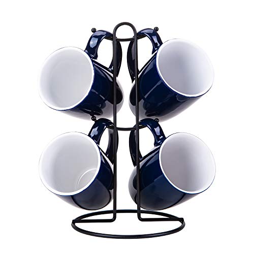 Cutiset 16 Ounce Ceramic Functional Coffee Mug Set with Durable Metal Stand set of 4 Navy