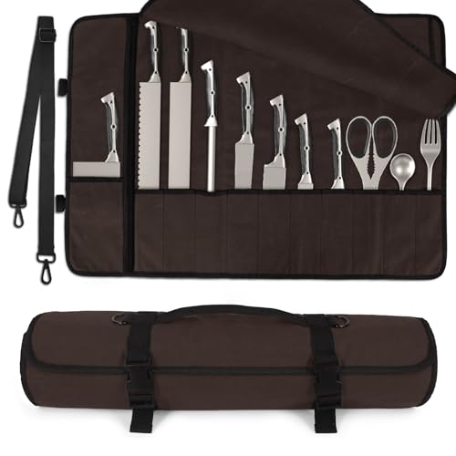 Knife Roll, Chef Knife Roll Bag with 11 Slots Plus Zipper Pocket, Waterproof Waxed Canvas Knife Case Holds Size Up to 18'', Knives Roll Bags for Chefs Professional with Adjustable Strap