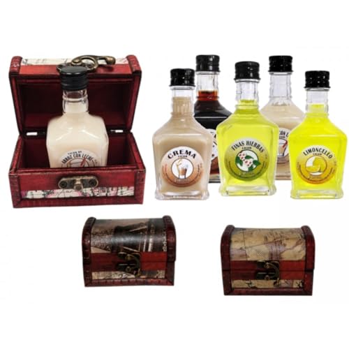 Lote de 5 Botellas de Licor 'Toscana La Rivera' Sabores a Elegir con Baúl de Madera Mapas. Regalos Originales. Detalles de Bodas, Comuniones, Bautizos, Cumpleaños y Eventos.DC (LIMONCIELLO)