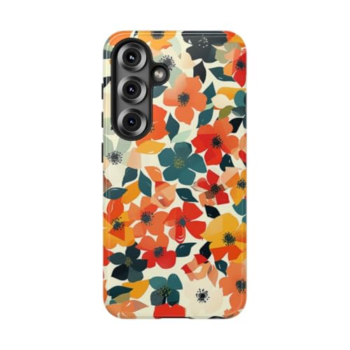 Coque Samsung S25 rigide orange motif floral vibrant feuilles géométriques protection fine