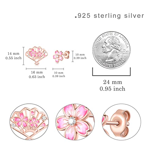 Pink Flower Earrings For Women,925 Sterling Silver Cherry Blossom Earrings Pretty Blooming Pink Flower Earrings And Fan Cherry Blossom Studs Earrings With 5A Cubic Zirconia,Anniversary Birthday Jewelry Gift For Girls Mom Daughter Wife #TOP4