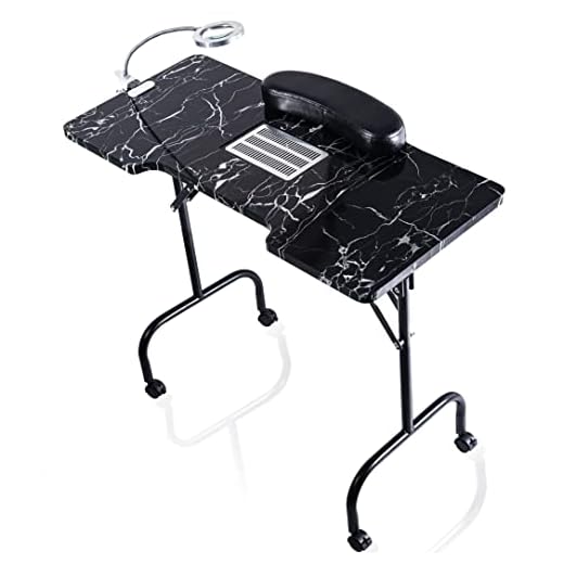 PROLJS Portable Nail Table with Folding Function Manicures Desk for Salon and Home with dust Collector Fan and Magnifying Glass lamp