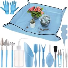 20pcs Small Gardening Tools Gifts for Women Beginners - Garden Hand Tools Set for Indoor Succulent Bonsai Plants Transplanting, Included 39" Plant Repotting Mat/Miniature Shovel/Labels, Blue