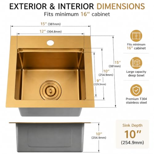 Image of Gold Bar Sink, 15 inch Gold Kitchen Sink, SUS304 Stainless Steel Single Bowl