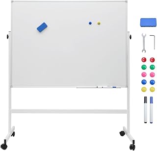 ALSTON 120X90CM Mobile Whiteboard Portable Rolling Magnetic Whiteboard Height Adjustable Panel Rotatable with Magnetic Eraser and 2 Sets Marker for Office Classroom Home