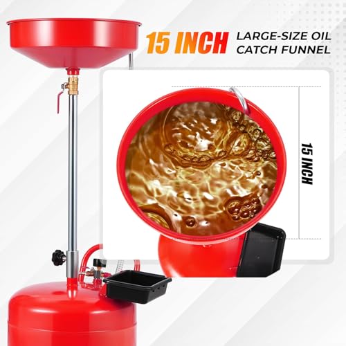 IHEX 20 Gallon Waste Oil Drain Tank, Portable Oil Lift Drain, Air Operated Portable Oil Drainer with Adjustable Funnel Height, Oil Drain Container with Wheels, Automotive - Red