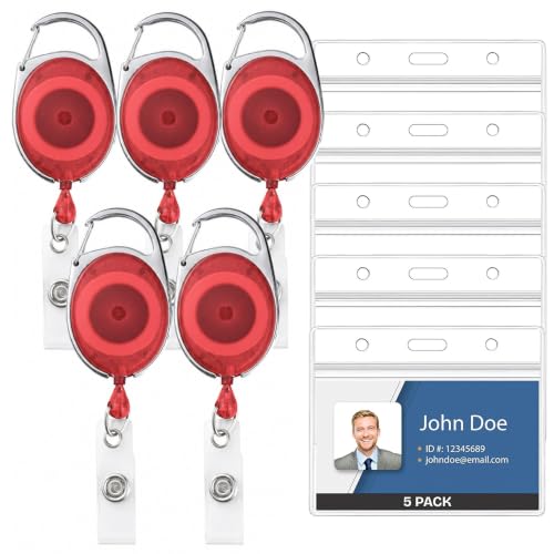 Will Well Heavy Duty ID Badge Holder Retractable 5 Pack - Horizontal - Red