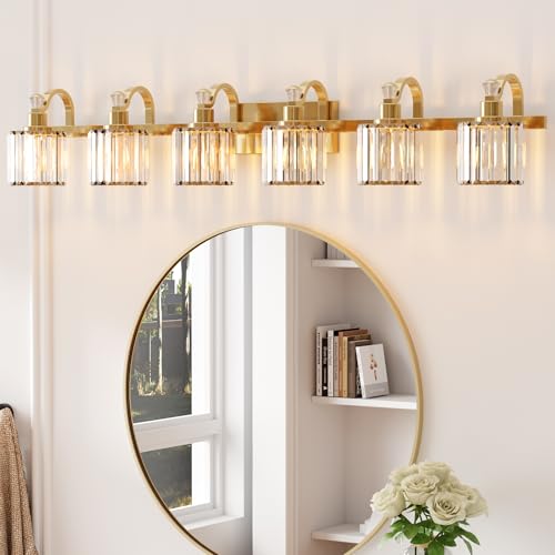 Image of GarveeTech Crystal Gold Bathroom Vanity Light 6 Light Modern Bathroom Light Fixtures Over Mirror Modern Crystal Vanity Lighting