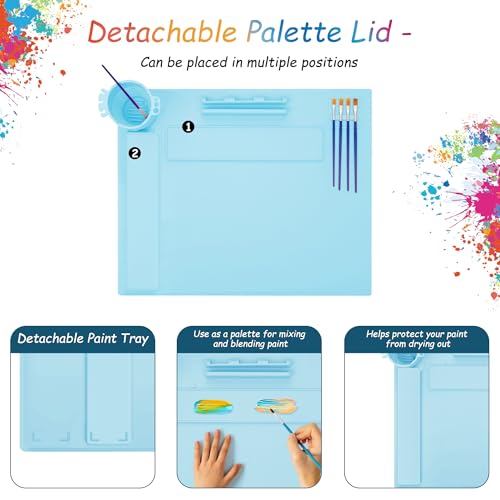 iArtker Silicone Painting Mat with Cup and Palette, 20"×16" Non-Slip Silicone Craft Art Mat with Stand and Lid for Painting, Resin, DIY, Blue
