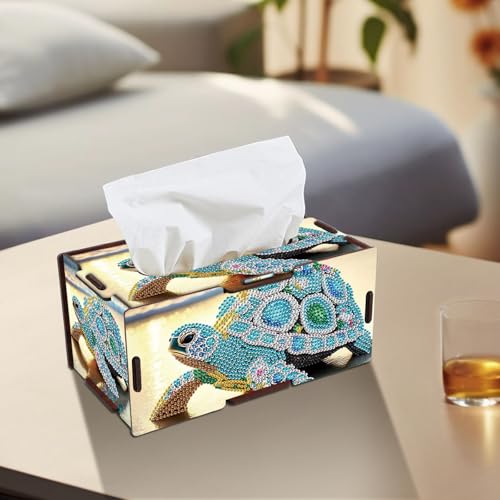Image of Diamond Painting Tissue Box Cover - Sea Turtle Design Wooden DIY Rhinestone Diamond Art Kit for Home Office Decor, Handmade Craft Storage Holder