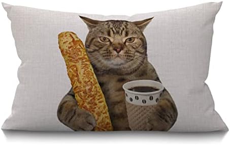 BGBDEIA Funny Cat Farmhouse Oblong Rectangle Cushion Cover,The Cat is Holding A Cup of Black Coffee and A Baguette Decorative Throw Pillow Cover,30 x 50 cm 12x20 inch