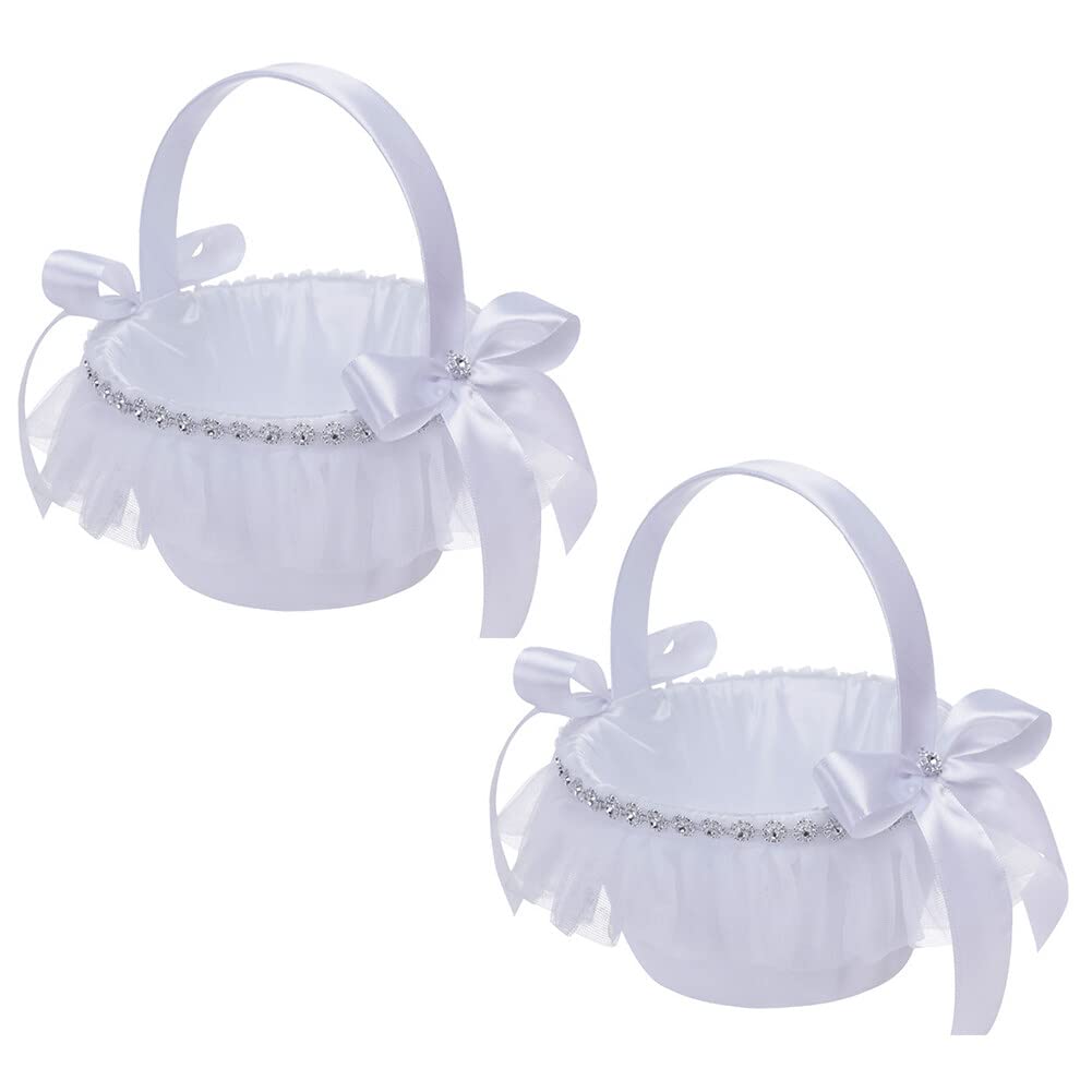 Surakey Flower Girl Baskets for Wedding, White Bridesmaid Bride Flower Basket Set of 2, Large Wedding Baskets Decoration with Pearl Silk for Wedding Ceremony, Type 4