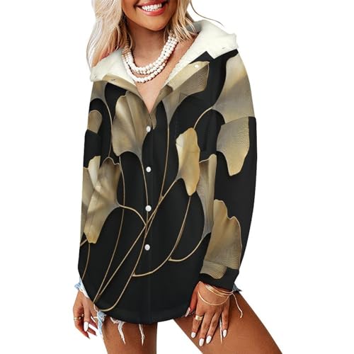 Manteau polaire femme de créateur veste mi-longue chic motif ginkgo or et noir