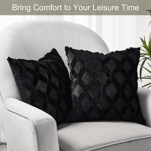 Volcanics Pack of 2 Faux Wool Throw Pillow Covers 20x20 Inches Decorative Farmhouse Velvet Couch Pillow Case Soft Plush Square Boho Cushion Pillowcase, Black