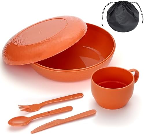Homquen 6-Piece Camping Mess Kit with Bowl, Plate, Cup, Spoon, Fork, Knife and Carry Bag, Camping Accessories Essentials Gear Light Weight and Small Space Easy to Carry or Put in Backpack