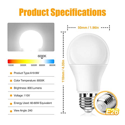 Full Spectrum Light Bulb, 6000K Natural Sunlight Bulbs, 9W 60W Equivalent Led Light Bulb, Natural Light Bulbs A19, E26/E27, 3 Pack #TOP5