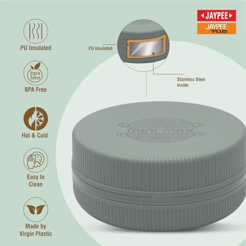 Image of JAYPEE Mini Max Lunch Box for School, Office, Ideal for Snacks and Meal, Keeps Food Hot & Fresh Insulated Stainless Steel Inner with Plastic Dish Inside for Office, College and Picnic, Green, 415 ml