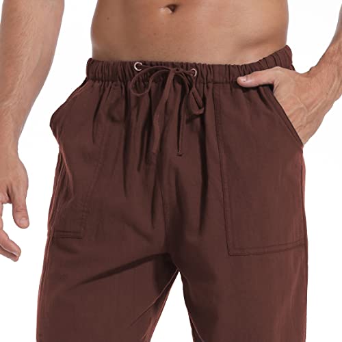 Perdontoo Mens Casual Cotton Linen Pants Elastic Waist Drawstring Yoga Beach Pants (Large, Brown) #TOP2