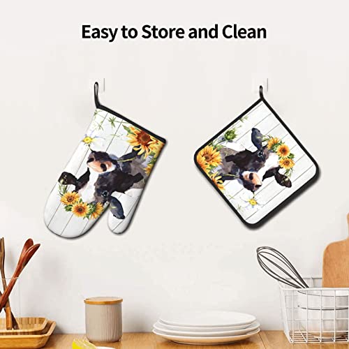 Sunflower Highland Cow Kitchen Accessories Oven Mitts And Pot Holders Sets Of 4, Anti Scald Hot Pads And Heat Resistant Oven Gloves Set Potholders For Kitchen Cooking Baking Grilling #TOP4
