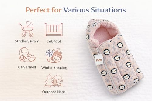 Image of PWI Baby Sleeping Bag for 0-6 Months, Ultra Soft Plush & Sherpa Warm Winter Wrapper with Hood & Zip, Newborn Swaddle Blanket for Stroller & Home Use