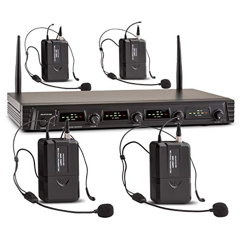 Malone Duett Quartett Fix V3 juego de micrófonos inalámbricos (UHF, 4 canales, cuatro micrófonos de cabeza, alcance de 50 m, batería de larga duración, clips para el cinturón)