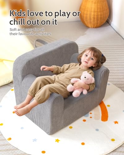 BEJOY Kinderstuhl Ultraweiches Kuschel-Schaumstoff-Sofa, Einzelsitz Cord-Lesecouch für Jungen und Mädchen, Grau