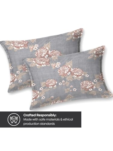 Image of Rivermoor 200 TC Ultrasoft Bedsheet for Double Bed | Queen Size Bed Sheet with 2 Pillow Covers | Grey Floral Print | 88 x 96 Inches | Breathable & Hypoallergenic