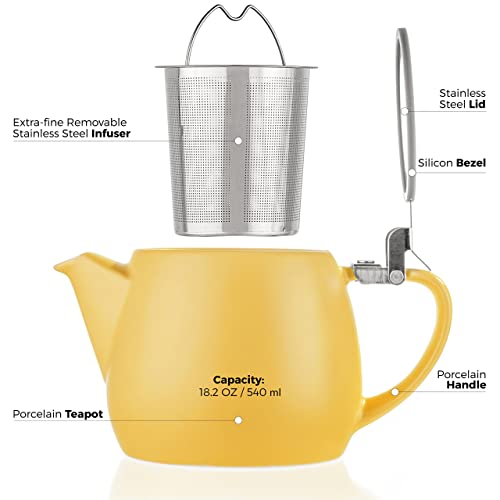 Tealyra - Pluto Porcelain Small Teapot Yellow - 18.2-Ounce (1-2 Cups) - Matte Finish - Stainless Steel Lid And Extra-Fine Infuser To Brew Loose Leaf Tea - 540Ml #TOP4