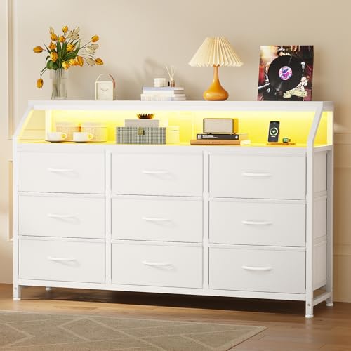 KKL Dresser for Bedroom with LED Lights, 55\" Wide 9 Drawer Bedroom Dresser, Fabric Dressers & Storage Chest of Drawers with Shelves for Closet, White