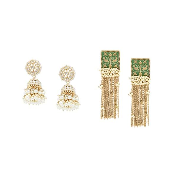 Zaveri Pearls Pastel Green Meenakari Chain Fringe Clustered Pearls Dangle Earring For Women-ZPFK10137