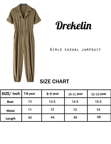 Drekelin Girls Solid Casual Loose Rompers Short Sleeve Lapel Half Zip Up Long Pants Jumpsuits With Side Pockets Khaki 7-8 Years #TOP2