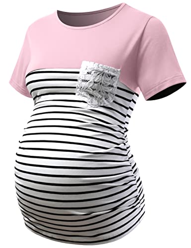 Debelly Women Maternity Tunic Short Sleeve Round Neck Shirt Color Block Pregnancy Striped Tops With Crochet Pockets,Dark Pink,M #TOP12